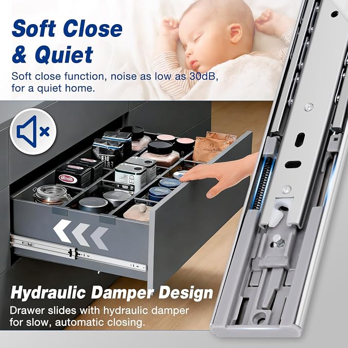 YENUO Soft Close Heavy Duty Drawer Slides Full Extension Side Mount 12 14 16 18 20 22 24 26 28 30 32 Inch Metal Rails Track Guide Glides Runners 150 lbs 1 Pair (Soft Close, 20 inch)