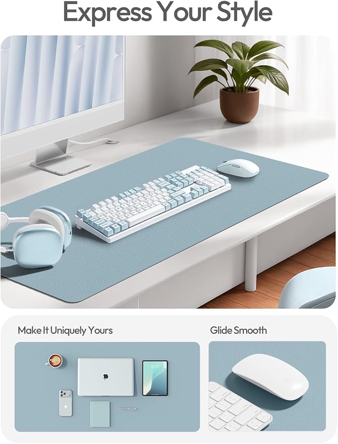 YSAGi Leather Desk Protector, Office Mat, Large Mouse Mat, Non-Slip PU Leather Blotter, Laptop Desk Mat, Waterproof Writing Pad for Office and Home(Ice Blue, 63" x 24")