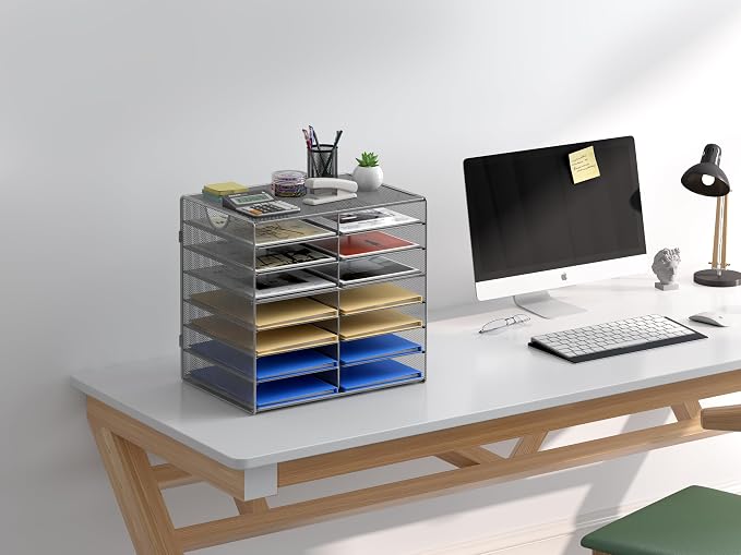 EasyPAG Paper Trays for Classroom 14 Tier Mesh Desk Organizer Shelves with Handle A4/Letter Size File Folder Organizer Shelf for Office, School, Home, Silver
