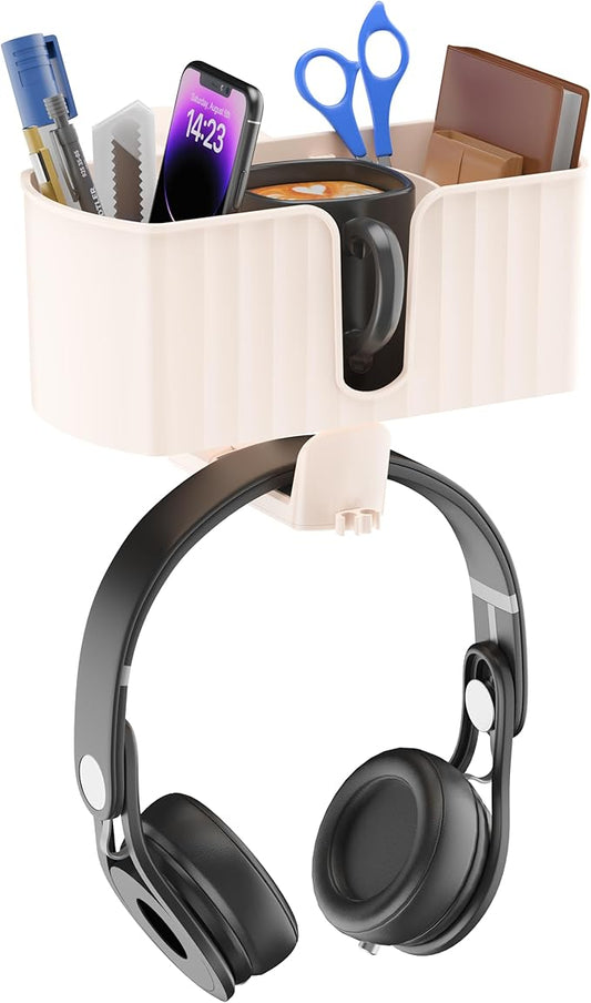 4 in 1 Desk Cup Holder with Storage Tray and Headphone Hanger | Clamp on design, rotating headphone hanger, detachable storage tray, cable holes, fits 5-50mm desks