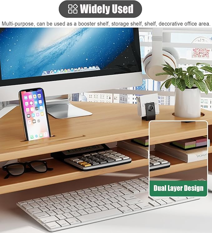 Corner Monitor Stand - 2-Tier Riser with Storage, Laptop Desk Organizer for Office and Study, Space-Saving Desktop Triangle Shelf