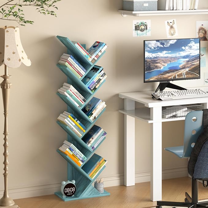 SHEEPAM 10 Tier Tree Book Shelf, Floor Standing Wood Bookshelf for Narrow Space, Storage Organizer Bookshelves for Books/CDs/Magazine, Bookcase with Shelves for Home Office, Living Room - Blue