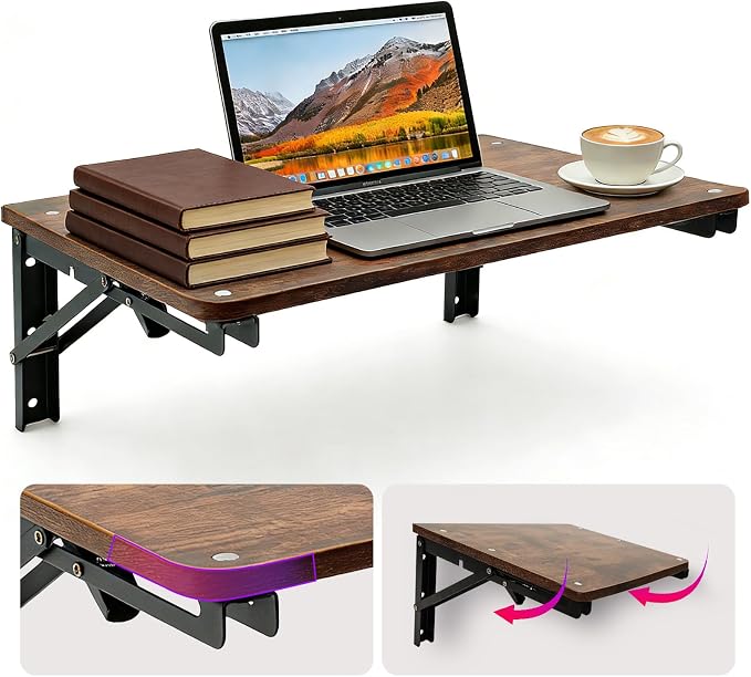 Wooden Folding Shelf Wall Mounted for Small Space, Wall Table for Living Room Bedroom Decor, Home Office Floating Fold Down Desk, Media Shelves with Heavy-Duty Brackets Holds Up to 30lbs, 21.6"*11.8"