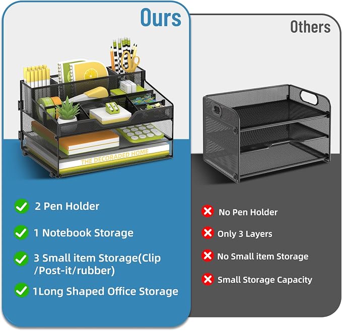 SUPEASY 3 Tier Desk Organizer, Mesh Letter Tray Paper Organizer with 5 Adjustable Storage Compartments & Pen Holder, Metal Desk Accessories for Home Office School, Black