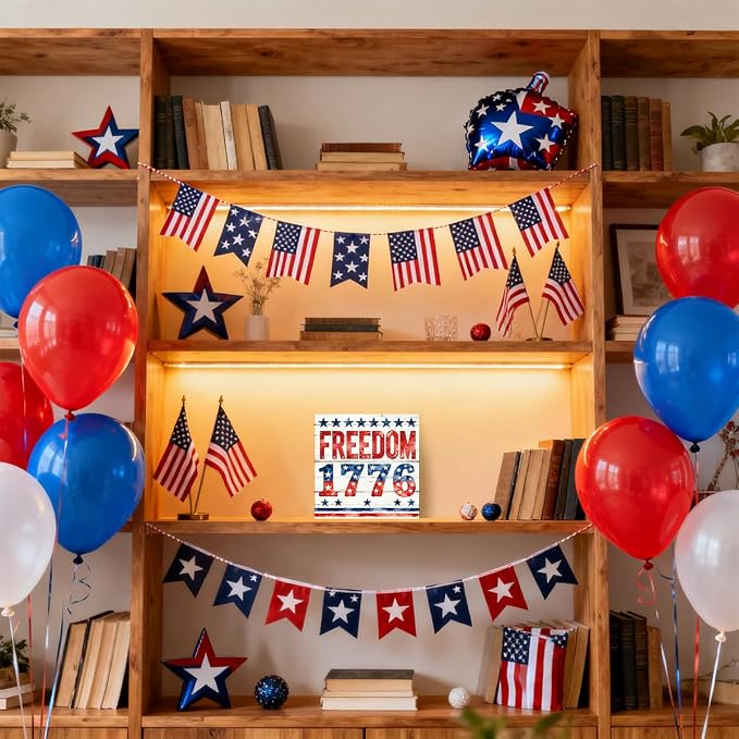 Patriotic Wooden Box Sign,Freedom 1776 4th Of July Signs Home Decor,Independence Memorial Day Block Sign for Desk Shelf Tabletop Decor