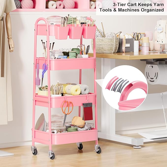 4 Tier Rolling Cart Metal with Lockable Wheels, Four Tiered Pink Trolley Cart on Wheels, Utility Storage Organizer Carts for Bathroom, Kitchen, Art, Craft, Baby Diaper Caddy, Snack, Makeup, Nail, Lash