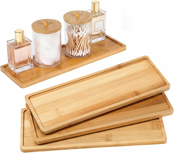 Chengu 3 Pcs Bamboo Vanity Trays for Bathroom Small Wooden Serving Tray for Bathroom Counter Food Appetizer Tea Dessert Kitchen Tissue Toilet Tank Home Decor, 11 x 4 Inch(Rectangle Edge Style)