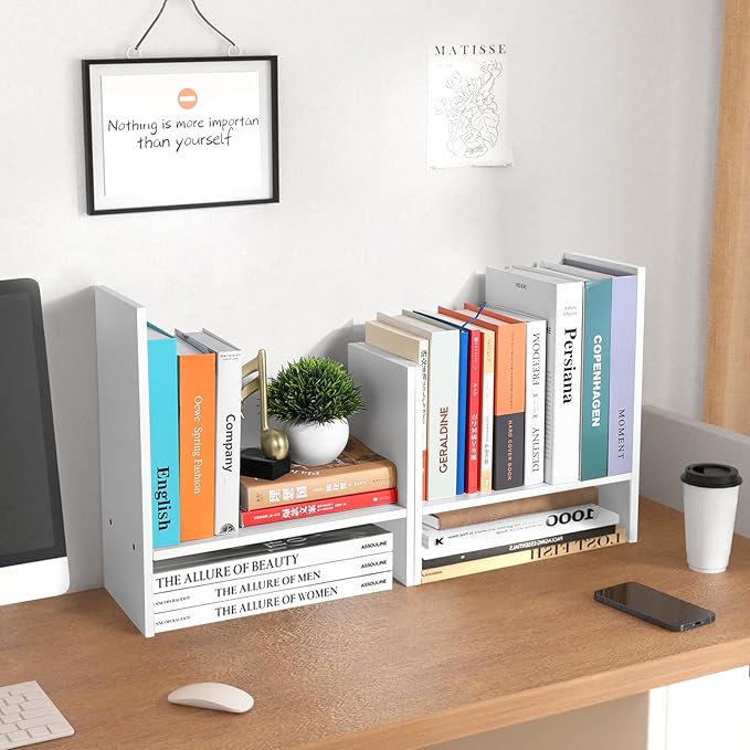 CITLOW Desktop Shelf Organizer - Adjustable Wood Desktop Bookshelf, Table Top Shelves, Desk Book Organizer for Office Supplies and Home Décor (White)