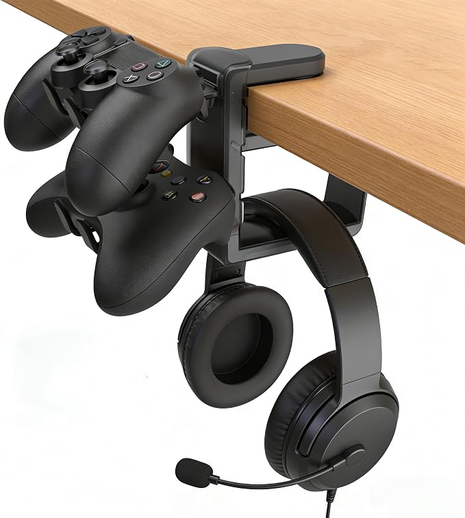 Controller Holder & Headphone Stand,3-in-1 Rotatable Under Desk Hook Compatible with PS5/Xbox,Dual Game Controller Stand & Headset Hanger, Gaming Desk Organizer (Black)