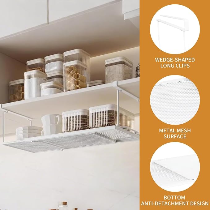 Expandable Hanging Under Shelf Storage Basket,Under Shelf Storage Basket Organizer,Under Hanging Baskets for Cabinet,Pantry, Desk Organization,8.27" D x 15.16"-27.76W x 7.68" H,White