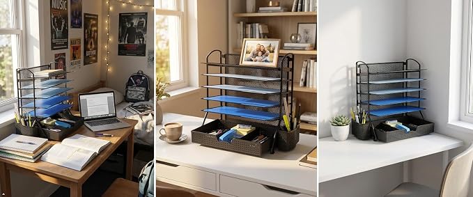 Simple Houseware 6-Tier Desk Document File Tray Organizer with Supplies Sliding Drawer, Black
