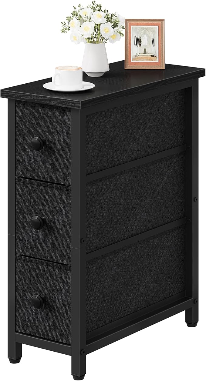 CHOEZON Narrow Side Table with 3 Fabric Drawers, Industrial Slim Bedside Table for Small Spaces, Bedroom, Living Room, Dormitory, Black TBZ09BB