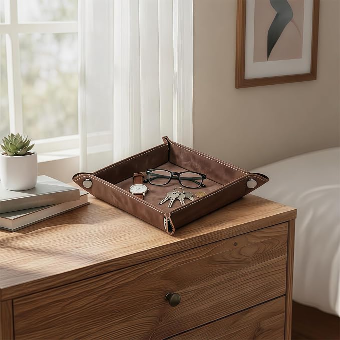 Valet Tray Desktop Storage Organizer – Vegan Leather Catchall Bedside Vanity Tray Nightstand Caddy Holder for Remote Controller, Watch, Keys, Phone, Wallet, Coin, Jewelry, Stone Brown