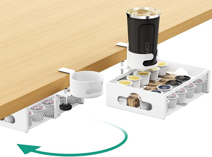 CABTE Desk Cup Holder with Drawer Organizer, Anti-Spill Clip-On Table Cup Hook with 360° Rotation Hidden Storage Box for Office Home Gaming Table (White)