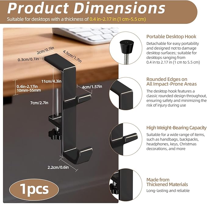 Desk Mount Bag Holder Hook Clamp,On Backpack Hanger Portable Desk Mount Headphones Holder for Reduce Desk Clutter Table Desk Table Hanging Storage (1 Pcs-Double Hook Black)