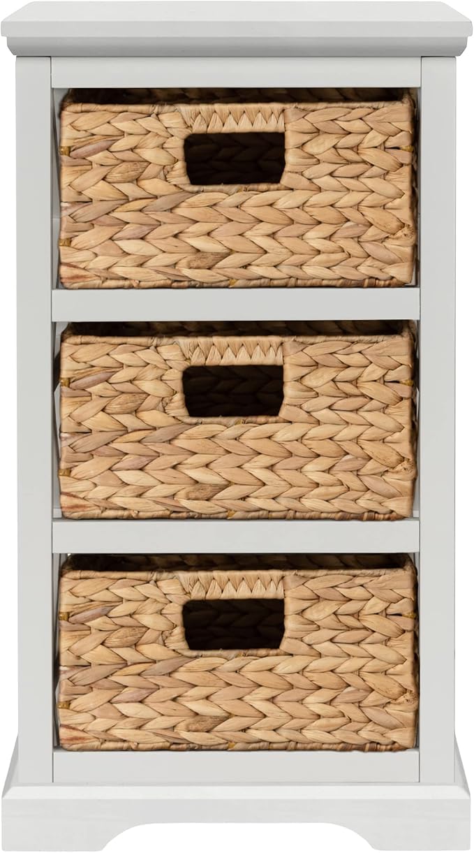 eHemco Hampton Meadows 3 Tier X-Side End Storage Cabinet with 3 Wicker Baskets, White