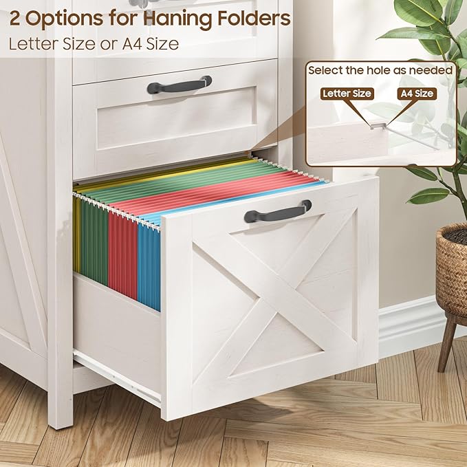 Halitaa 3 Drawer Small File Cabinet with Lock, Farmhouse Vertical Filing Cabinet Fits Letter and A4 Size, Under Desk Wooden File Cabinets for Home Office, Printer Stand, Rustic White