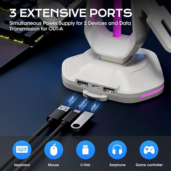 Saitake RGB Controller Stand with 9 Light Modes,Controller Holder with 2 USB Ports,Headset Stand for Desk-Headphone Holder Suitable for All Headphones and Controller (White)
