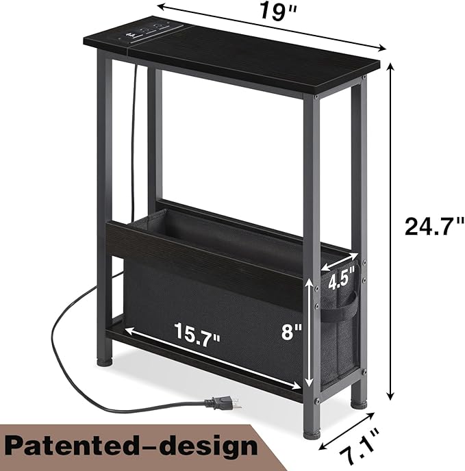 BAMGROW Slim Charging End Table with Storage - for Small Spaces and Bedroom (Black)
