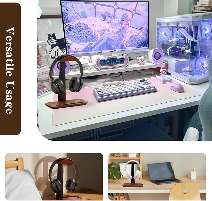 Walnut Wood Headphone Stand,Headphone Rack with Storage Base Plate,Headphones Holder for Study Rooms,Gaming Spaces,Desktop,Office