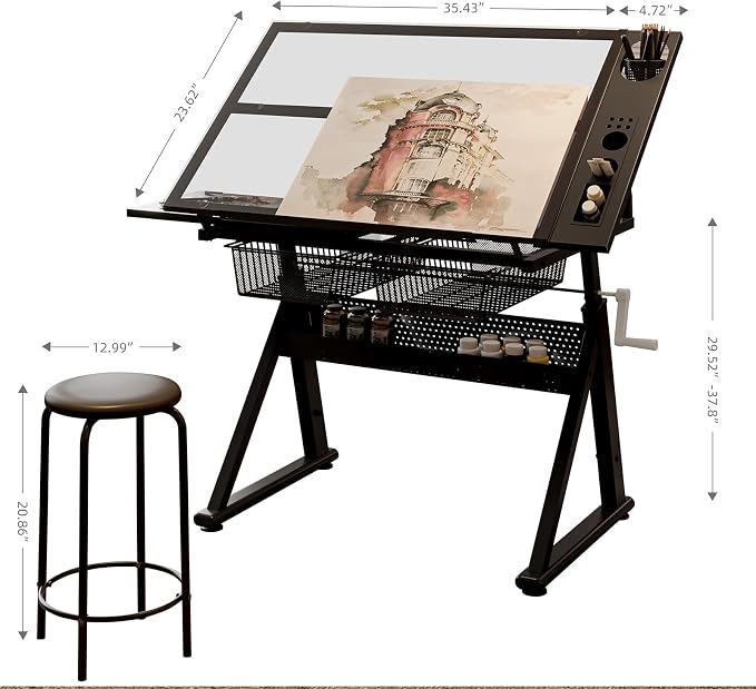 Hand Crank Adjustable Drafting Table with Tempered Glass Top, Height Adjustable Art Drawing Desk with Metal Drawers, Slide-Up Pencil Ledge & Stool, Drafting Desk for Home Studio Office