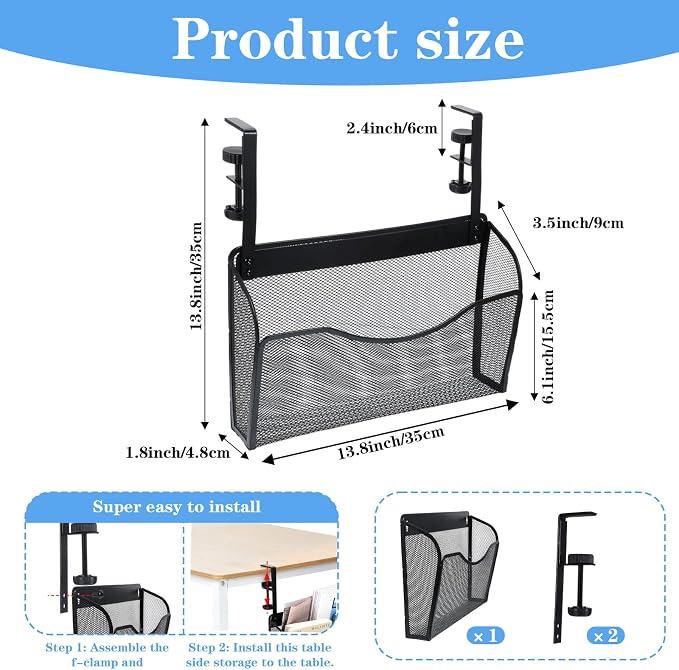 Clamp On Desk Organizer, 2-IN-1 Under Desk Side Organizer Storage, Wall Mounted Mesh File Rack, Hanging Office Organization for Document Magazine Paper School Supplies