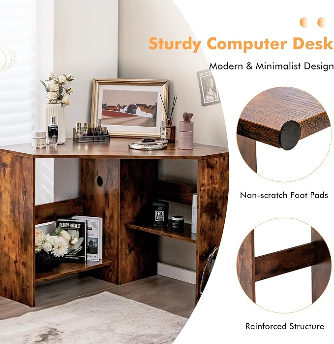 Small Corner Desk, Space-Saving Corner Workstation with Storage Shelves & CPU Stand, 90 Degree Triangle Makeup Vanity Desk, Wood Corner Computer Desk for Small Space (Rustic Brown)