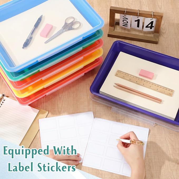 Tinlade 12 Pcs Classroom Paper Storage Bins with Clear Latching Lid, Label Stackable Letter Size Flat Tray Container for Teacher Back to School Supplies Home Office Desk Arts Crafts (Rainbow,13x10in)