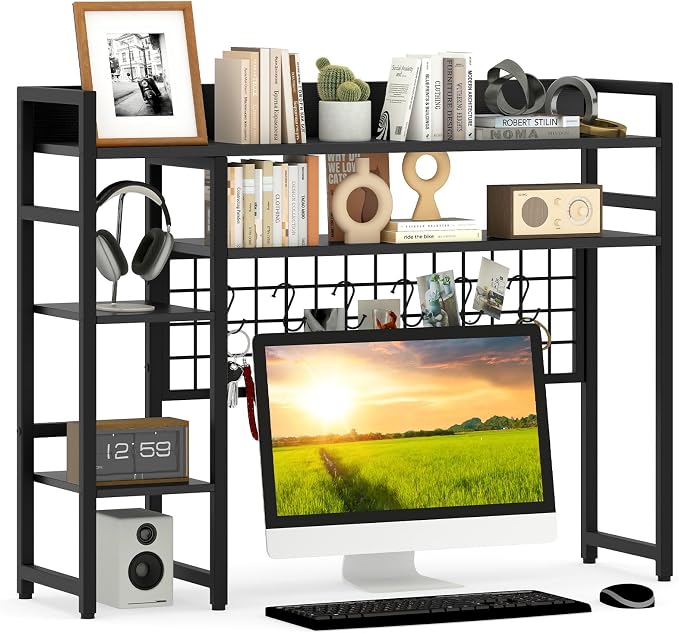 Giantex Desktop Bookshelf, 37" Desk Shelf for Up to 32" Computer Monitors, 4 Tier Desktop Display Shelves with Grid Panel, 6 Movable Hooks, Anti-tip Device, Desk Hutch for Home Office Dorm (Black)