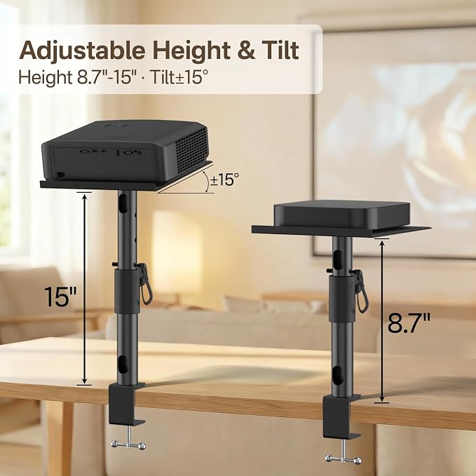 2-Pack Adjustable Clamp On Projector Stand Table, Heavy Duty 40 lbs Each, Dual Utility Tabletop Stands for Projector & Streaming Device, Gaming Console, Laptop – Home Theater & Office Setup