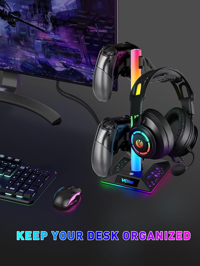 V VCOM RGB Gaming Headphones Stand with 2 USB Ports Headset Stand with 10 Light Modes and Non-Slip Rubber, Suitable for All Earphone Accessories, Best Gift for Husband, Kids, Boyfriend