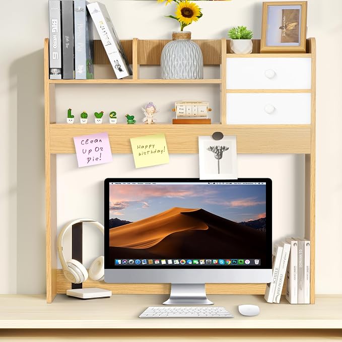 YGYQZ Wood Desk Shelf Organizer, Desk Hutch Top Only, Countertop Storage Hutch with 4 Shelves for Computer Desk，2-Tier with Cabinet Door Rack for Office, Home, Dorm，Natural