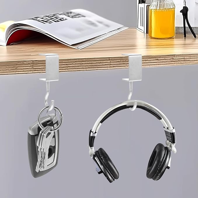 cobee Clamp-On Under Desk Hooks, Desk Mount Hanging Bag Holder Metal Hook Adjustable Headphones Clamp Organizer Portable Purse Hanger Clip Reduce Desk Clutter Table Desk Under Counter (4 Pcs, Silver)