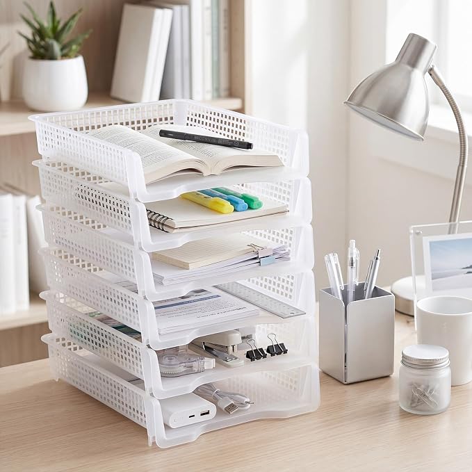 Geetery Set of 6 Plastic Trays for Teachers Turn in Trays Classroom Stackable Paper Tray Plastic Classroom Teachers Desk Letter Organizer Storage Baskets for Office, Desk, Home (Clear)