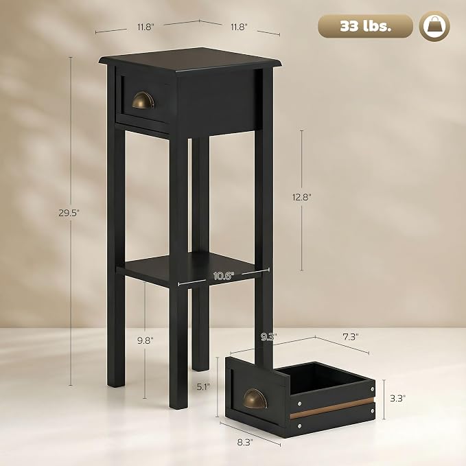 HOMCOM Narrow End Table with Drawer and Bottom Shelf, Slim Side Table for Small Spaces, Skinny Modern Accent Desk for Living Room, Set of 1, Black