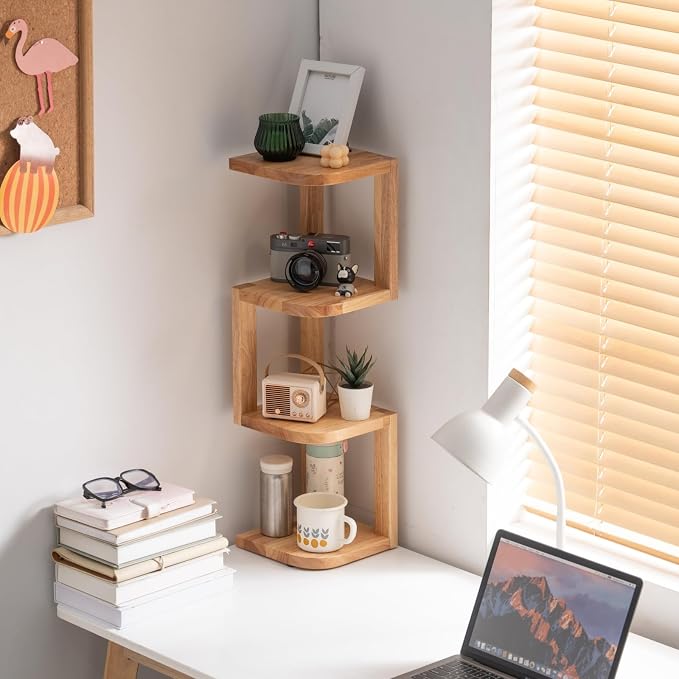Corner Shelf Stand Desk Organizer,26.8" H Rubberwood Brown Rack for Small Spaces, Bedroom,Home Office,Kitchen,Bathroom (Natural, 4 Tier)