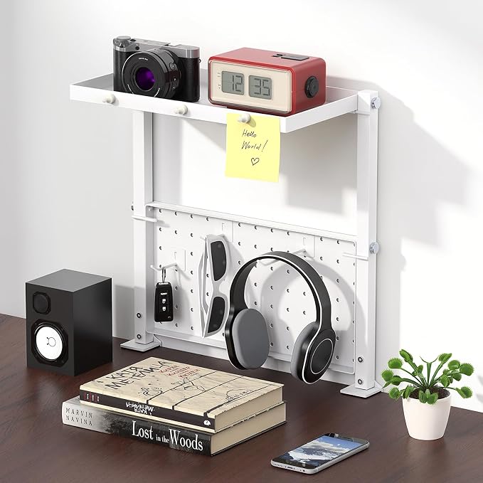Jumyee 2-Tier Side/Top Clamp On Desk Shelf With Magnetic Pegaboard(White) | Flip Pegboard Tray & Magnetic Accessories, No-Drill White Desk Shelf with 6 Hooks for Home Office Gaming Accessories