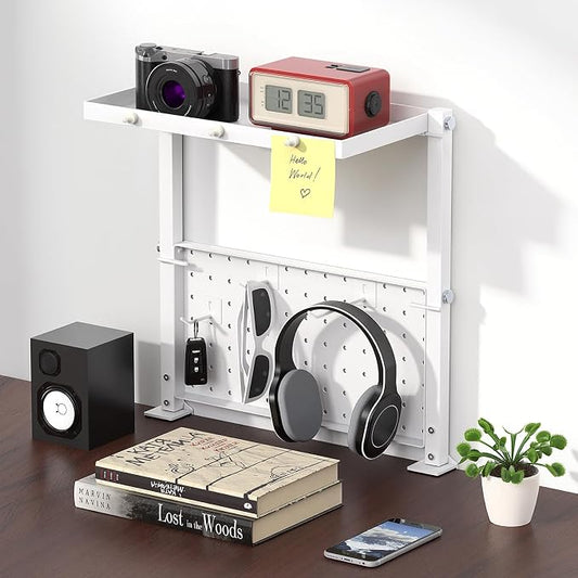 Jumyee 2-Tier Side/Top Clamp On Desk Shelf With Magnetic Pegaboard(White) | Flip Pegboard Tray & Magnetic Accessories, No-Drill White Desk Shelf with 6 Hooks for Home Office Gaming Accessories