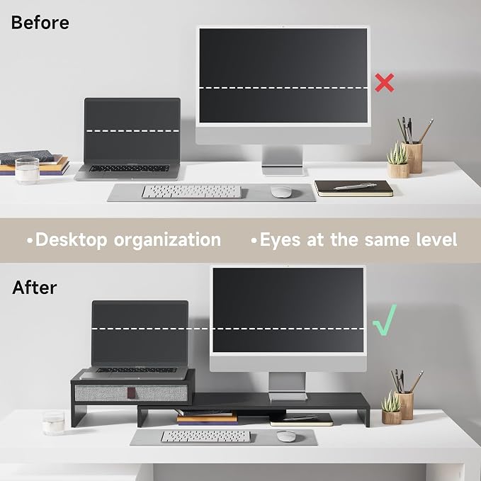 Fenge Computer Monitor Riser Stand with Drawer for 2 or 3 Monitors ,Adjustable Length and Angle Desktop Laptop Stand,Office Organizer,Printer,Black