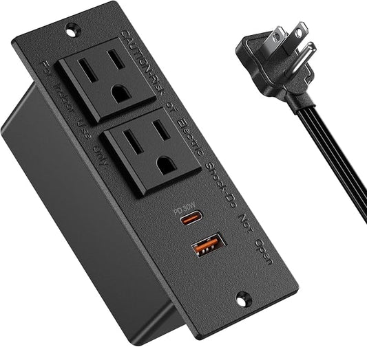Recessed Power Strip USB C PD 30W Fast Charging,Flush Mount Desk Recessed Outlet,Space-Saver for Furniture Side Table,2 USB Ports,2 AC Outlets,6ft Cord,Ultra Thin Flat Plug