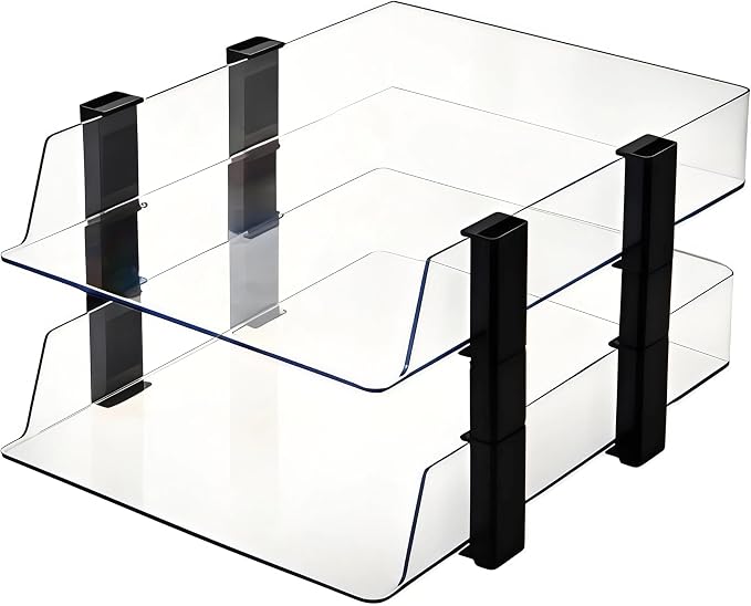 Clear Stackable Paper Tray, 2-Tier Desk Organizer for Office | Clear 2-tier stackable tray. Fits A4/Letter. Office desk storage for home/school. Easy access.