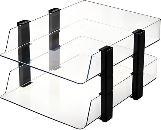 Clear Stackable Paper Tray, 2-Tier Desk Organizer for Office | Clear 2-tier stackable tray. Fits A4/Letter. Office desk storage for home/school. Easy access.