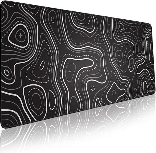 Pixiecube Minimalist Topographic Map Mouse Pad - Contour Extended Large Stitch Edge Mousepad. Black & White Non-Slip XXL Gaming Desk Mat