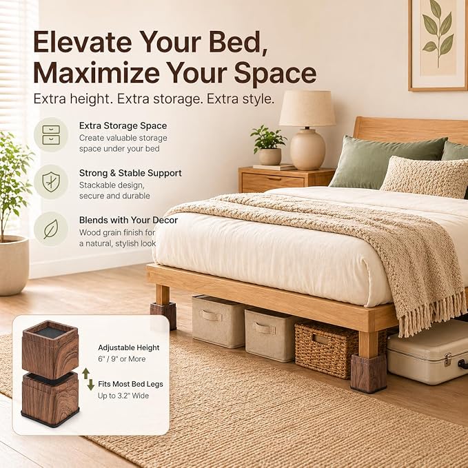 BTSD-home 3 Inch Wood Bed Risers Furniture Risers Bed Frame Lifters in Heights of 3 or 6 Inch Heavy Duty Set of 4 Square