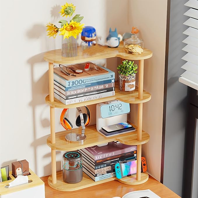 Desktop Corner Bookshelf, Wood Frame Desk Dorm Organizers, Reversible Left/Right Corner Design Storage Rack, Open countertop Display Shelf, for Home Office(6-Tier)