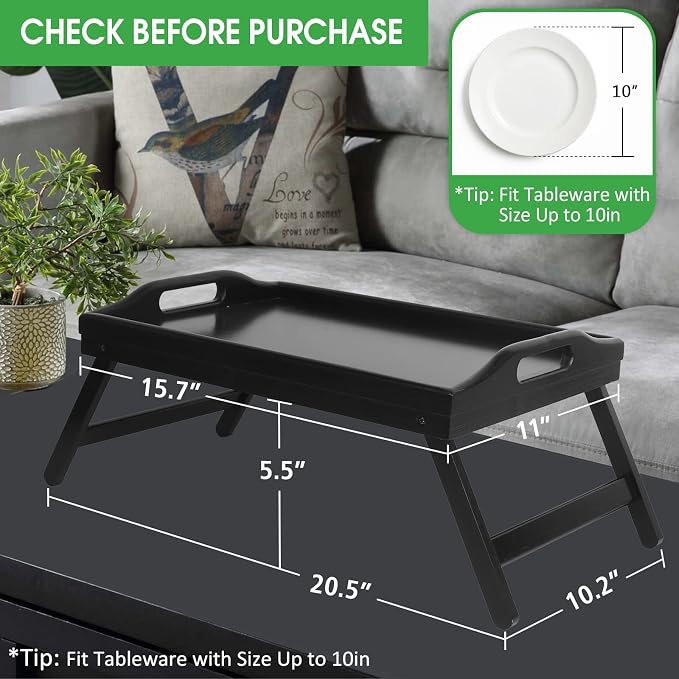 Artmeer Bed Tray Table with Foldable Legs,Bamboo Breakfast Tray with Handles Ideal for Sofa, Bed, Eating,Working,Used As Laptop Desk Snack Tray 2 Pack Black