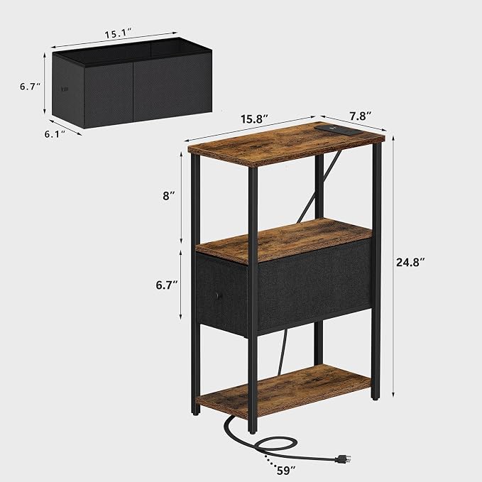TUTOTAK Small Narrow LED End Table with Charging Station, Side Table Outlets, Nightstand with Cloth Drawer, Set of 2, Couch Table, for Living Room, Bedroom, Bedside, Brown and Black TB01BB059K