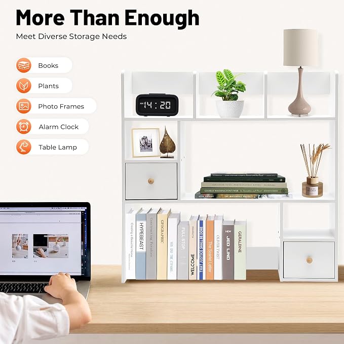 Desk Shelf, Wooden Office Desktop Display Organizer Rack with Handles, Adjustable 9 Compartment Storage Rack, Space Saving Desktop Bookshelf for Office Home Dorm (White)
