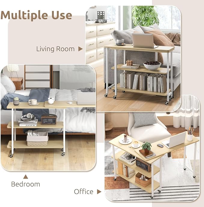 Tangkula 360° Rotating Sofa Side Table, Patented Mobile End Table with 2-Tier Storage Shelves, Swivel Rolling Desk with 6 Lockable Wheels, Metal Frame, Movable Laptop Table Couch Snack Table for Home