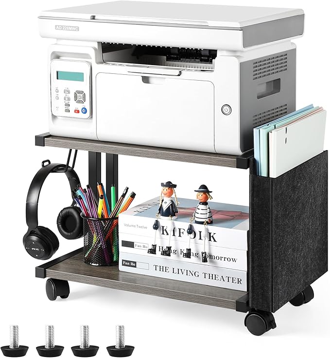 BTY Printer Stand Under Desk Printer Table with Storage Small Printer Cart with Wheels 2 Tier Desktop Printer Stands for Home Office Fax Machine Scanner Files (Grey)